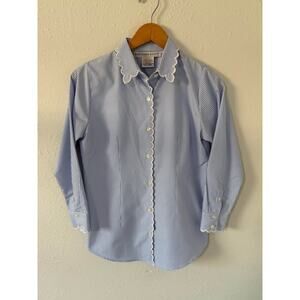 Women’s Gretchen Scott Scalloped Edge Blue & White Striped Blouse Size XS